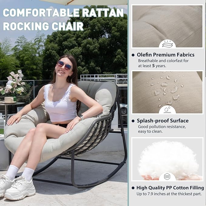 Indoor & Outdoor Rocking Chair, Oversized Rattan Royal Rocking Chair with Padded Cushion, Rocker Egg Chair for Living Room, Patio, Front Porch, Backyard, Beige