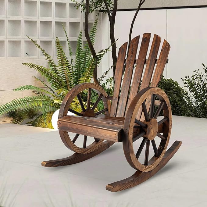 Outdoor Wood Rocking Chair Wagon - Outside Rocking Chair Rustic Front Porch Chairs Single for Patio, Country, Yard