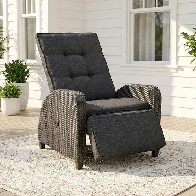 Green4ever Outdoor Patio Recliner with Adjustable Backrest and Footrest, All-Weather Wicker Patio Chair, 160° Lay Flat Patio Reclining Lounge Chair for Garden Backyard, Grey