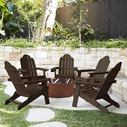 LUE BONA Folding Adirondack Chair Set of 5, HDPS Weather Resistant Patio Chair, 350lbs Heavy Duty, One-Step Folding for Balcony Garden, Wood Grain Texture, Outdoor Fire Pit Seating, Dark Brown