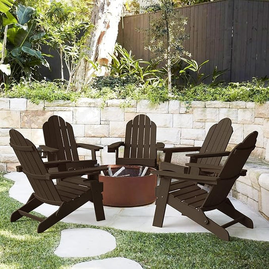 LUE BONA Folding Adirondack Chair Set of 5, HDPS Weather Resistant Patio Chair, 350lbs Heavy Duty, One-Step Folding for Balcony Garden, Wood Grain Texture, Outdoor Fire Pit Seating, Dark Brown