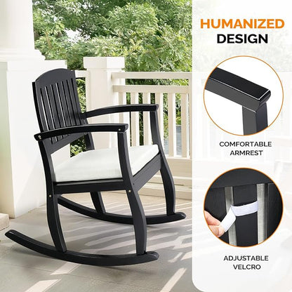 VINGLI Patio Rocking Chair with Cushion, Wood Rocking Bench with Comfortable Backrest, Outdoor Wooden Rocker Support 450 LBS for Indoors & Outdoors (Black, 1 PCS)