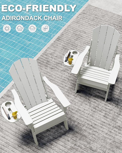 Adjustable Adirondack Chair Set of 2 with Cup Holder, All Weather HDPE Fire Pit Chairs for Deck, Backyard, Patio, White