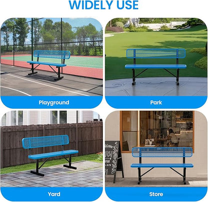 6 FT Steel Park Bench for Outside, Outdoor Bench with Backrest & Portable Frame, Thermoplastic Coating, Commercial Benches for Shopping Mall, Store, Park, Patio, Deck, Blue