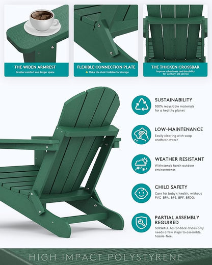 SERWALL Folding Adirondack Chair Set of 8, Painted Adirondack Chair with Cup Holder Weather Resistant for Patio Deck Garden, Fire Pit & Lawn Furniture Porch - Green