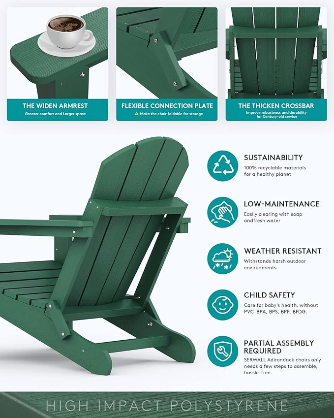SERWALL Foldable Adirondack Chair Set of 2 for Patio Garden All Weather Adirondack Chairs with Cup Holder Outdoors Fire - Photo 5
