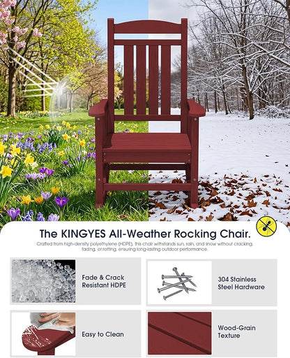 KINGYES Outdoor Rocking Chair, Weather Resistant Patio Rocking Chairs High Back Porch Rocker for Adult, Dark Red