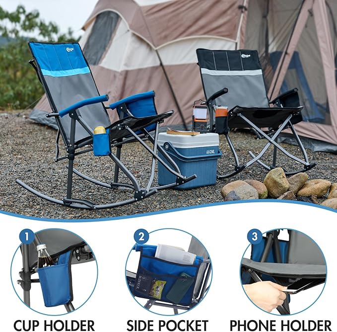 Portal Oversized Folding Rocking Camping Chair Portable Outdoor Rocker with High Back Hard Armrests Carry Bag, Supports 400 lbs, Padded Back, Grey&Blue