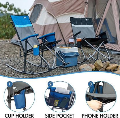 Portal Oversized Folding Rocking Camping Chair Portable Outdoor Rocker with High Back Hard Armrests Carry Bag, Supports 400 lbs, Padded Back, Grey&Blue,2Pack
