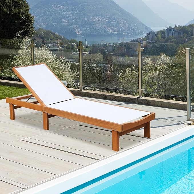 Tangkula Outdoor Wood Chaise Lounge Chair, Patio Chaise Lounger with 5-Position Adjustable Back, Eucalyptus Wood Reclining Lounge Chair with Breathable Fabric for Poolside Lawn Backyard (2, White)