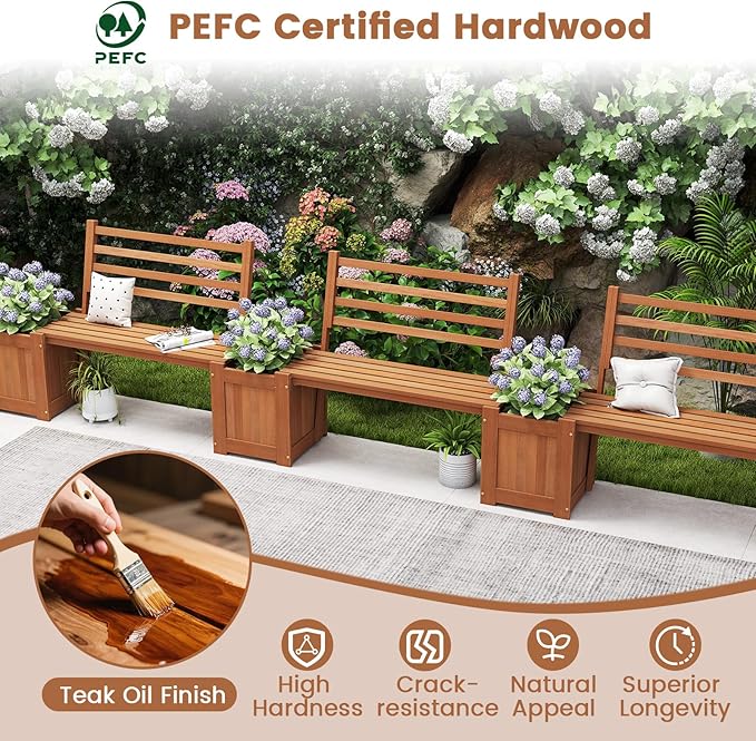 Outdoor Planter Bench with Boxes, Wood Seat with 3 Open-Ended Base Garden Beds & Backrest, 2-in-1 Wood Planter Bench Deck Plant Box for Porch, Patio, Garden & Backyard