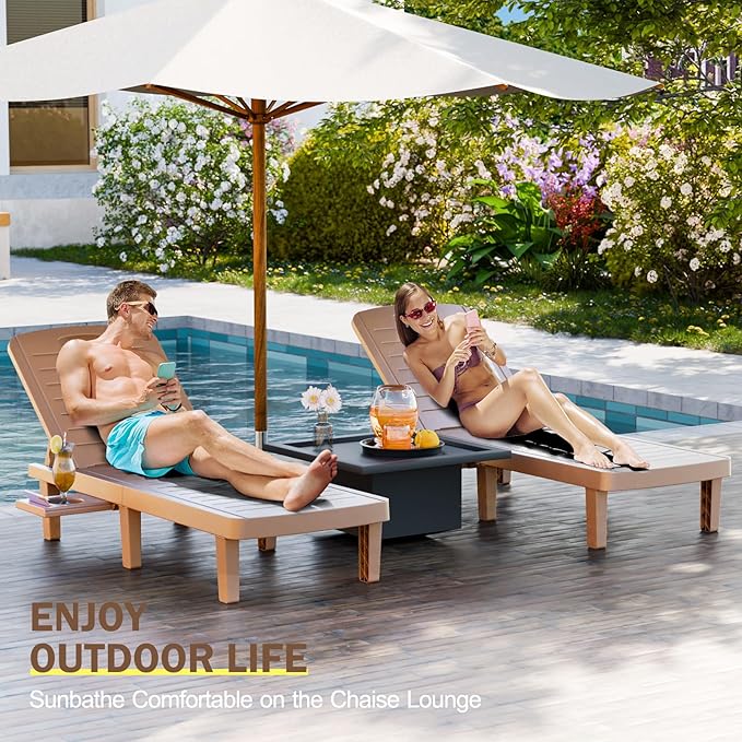 CDCASA Outdoor Chaise Lounge Set of 2, Pool Lounge Chairs w/5 Adjustable Positions & Side Tray, Waterproof Resin Lounges for Poolside,Yard,Garden,Sunbathing, for All Weather, Brown