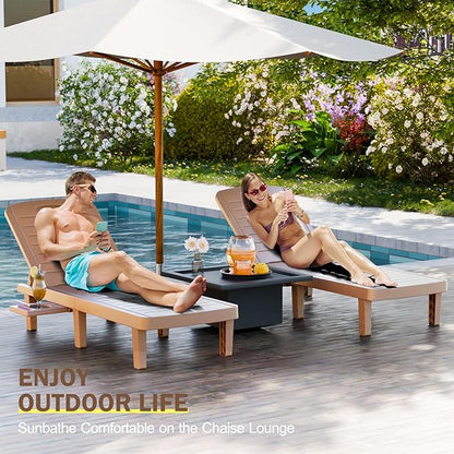 CDCASA Outdoor Chaise Lounge Set of 2, Pool Lounge Chairs w/5 Adjustable Positions & Side Tray, Waterproof Resin Lounges for Poolside,Yard,Garden,Sunbathing, for All Weather, Brown