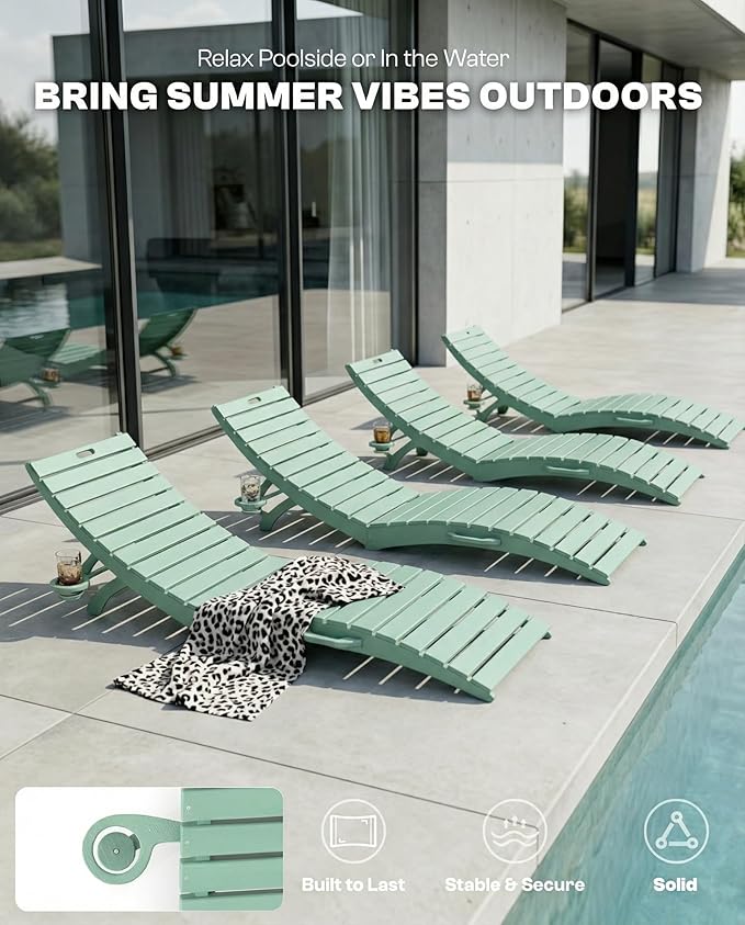 Pre-Assembled Folding in-Pool Lounge Chair, HDPE Outdoor Chaise Lounge with Cup Holder, Pool Lounge Chair for Poolside - Photo 4