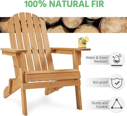 Yaheetech Folding Adirondack Chair Set of 1 Outdoor, 300LBS Solid Wood Garden Chair Weather Resistant, Fire Pit Lounge Chairs for Garden/Yard/Patio/Lawn, Natural Wood
