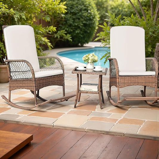 Devoko Outdoor Rocking Chairs 3 Piece Patio Furniture Set with Side Table & Cushions, Wicker Porch Rocker Bistro Set High Back for Balcony, Backyard, Garden (Beige)