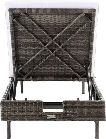 SAFAVIEH Outdoor Collection Cam Grey Brown Wicker/White Cushion Adjustable Chaise Lounge Chair, Black/Beige (PAT7501C)