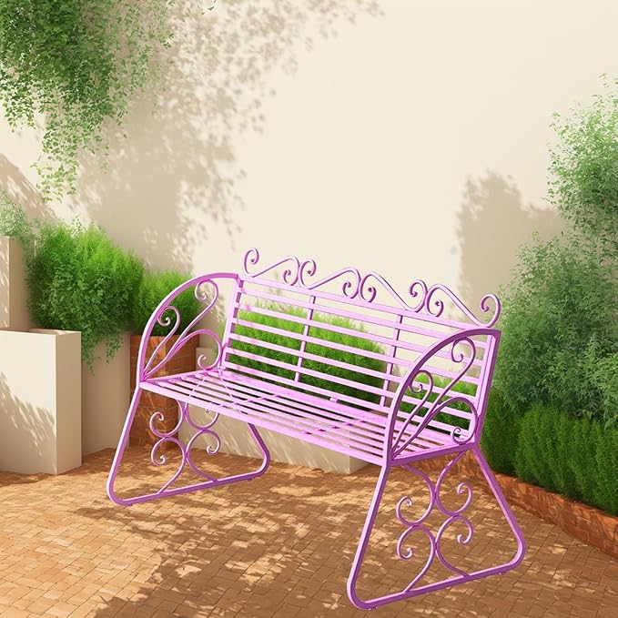 2-Seat Patio Porch Bench 45"，Outdoor Metal Garden Bench，Weather Proof Porch Path Chair，Patio Bench with Backrest and Armrests，Patio Bench for Lawn Path Yard Decor Deck Furniture(Pink)