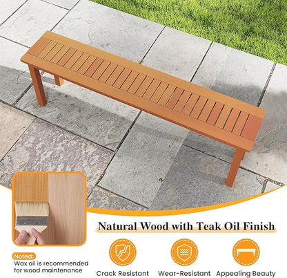 Tangkula Outdoor Wood Bench, 59” Long Patio Dining Bench, Backless Wooden Bench with Teak Oil Finish & Slat Seat, Accent Entryway Bench, Farmhouse Bench for Yard, Garden, Porch, Indoors