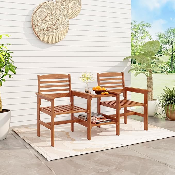 Tangkula Outdoor Patio Loveseat with Table, Wood 2-Seat Conversation Set with Coffee Table and Umbrella Hole - Photo 3