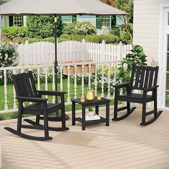Stoog Outdoor Rocking Chairs Set of 2, All-Weather HIPS Patio Rocking Chair with 400 lbs Support, Rocking Chairs for Porch, Backyard, Garden and Deck, Black