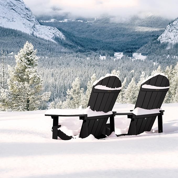Folding Adirondack Chair, All Weather Resistant Plastic Chairs with Cup Holder, Fold or Unfold Easily in 1 Second, Outdoor Chairs for Patio, Garden, Backyard Deck, Lawn Fire Pit(Black)