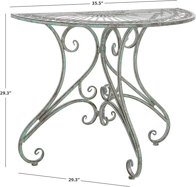 SAFAVIEH Outdoor Collection Annalist Victorian Scroll Antique Dark Green Wrought Iron Half Moon Accent Table