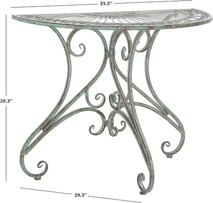 SAFAVIEH Outdoor Collection Annalist Victorian Scroll Antique Dark Green Wrought Iron Half Moon Accent Table