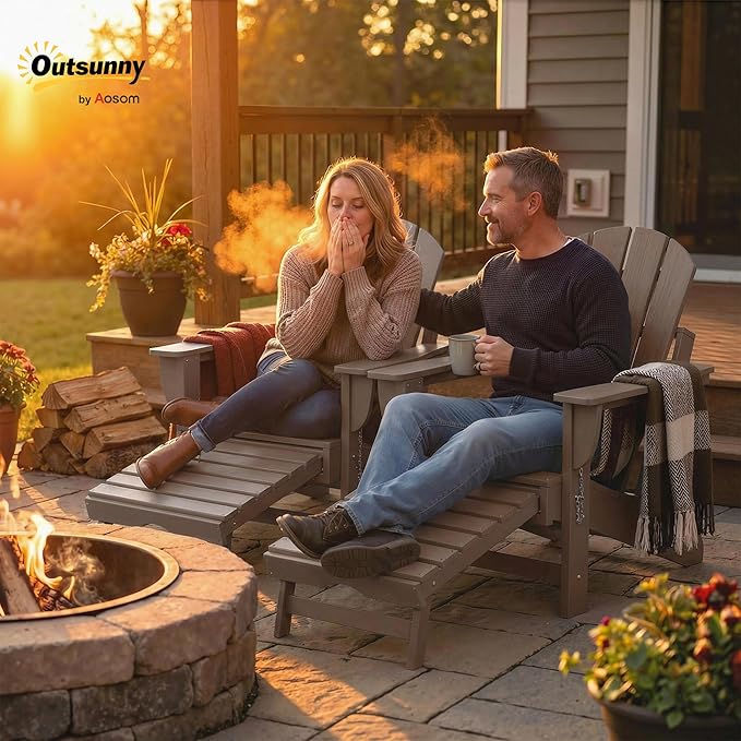 Outsunny Folding Adirondack Chair Set of 2, Outdoor HDPE Fire Pit Chair with Retractable Ottoman, Cup Holder and Large Seat for Deck, Garden, Backyard, Brown
