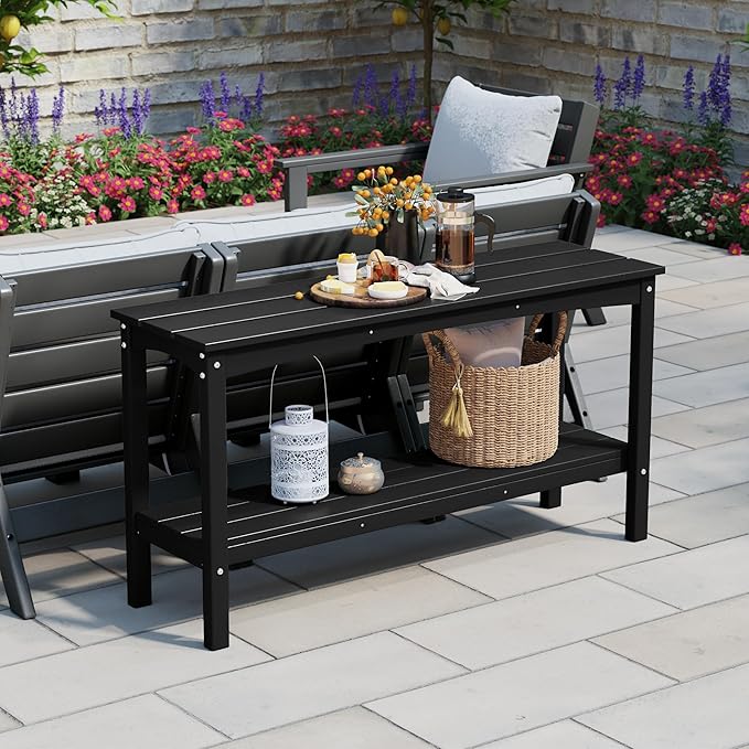 WestinTrends Malibu 55" Outdoor Patio HDPE Adirondack 2-Tier Shelf Console Table, Black - Photo 1