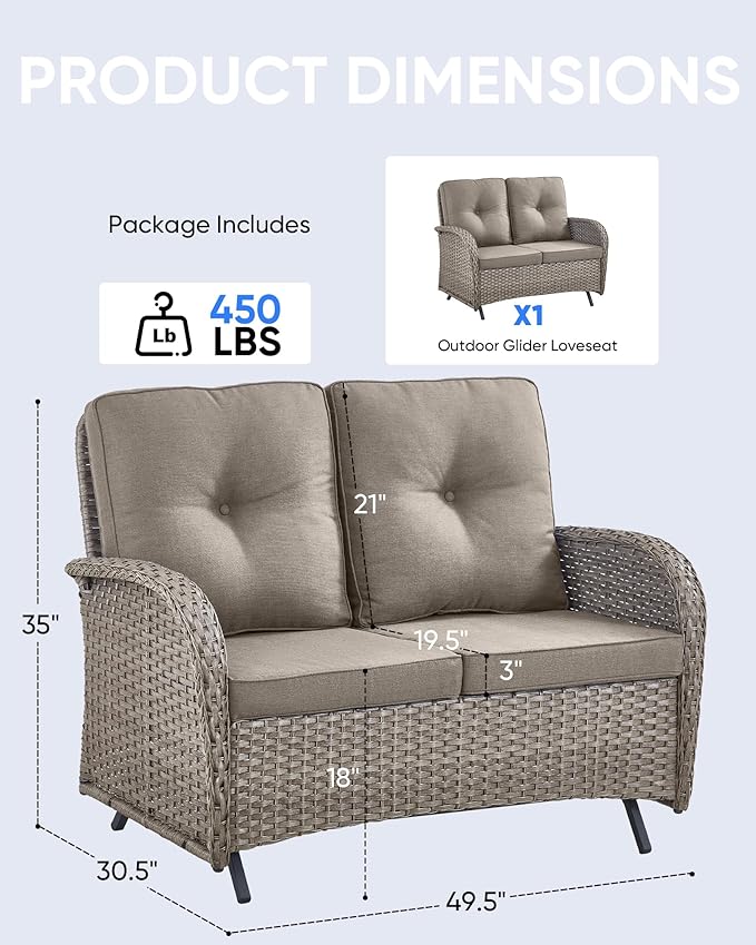 Outdoor Glider Bench-2 Seater Patio Glider Loveseat with High Back and Deep Seating Outdoor Couch for Deck Porch Garden Balcony Poolside-Grey/Grey