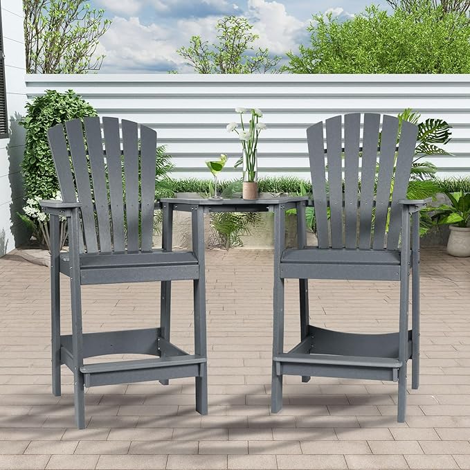 Aoodor Tall Adirondack Chairs Set of 2,HDPE Patio Bar Stool with Connecting Tray,All-Weather Balcony Chair for Outdoor Backyard, Garden, Yard - Gray