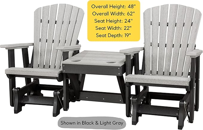 DutchCrafters Slat Fan Back Double Poly Adirondack Glider Outdoor Patio Chairs with Center Table (White & Aruba Blue)