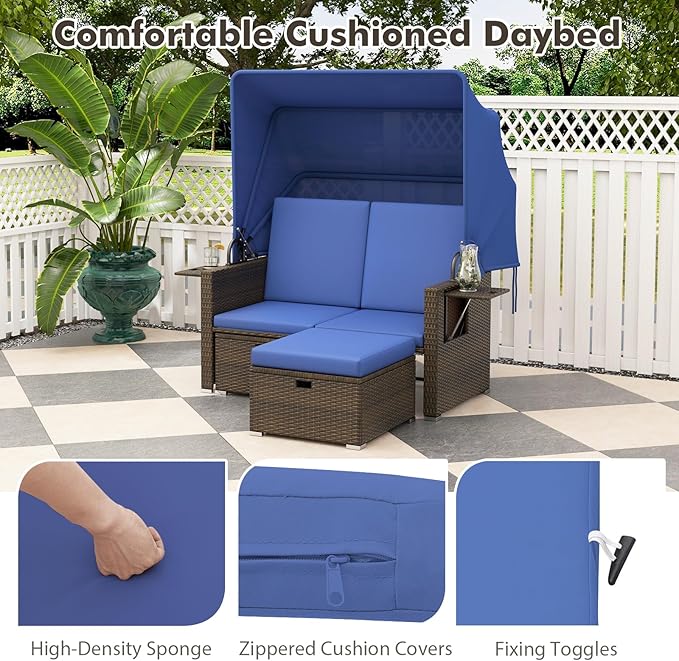 RELAX4LIFE Wicker Outdoor Daybed with Canopy - Rattan Loveseat Sofa Set w/Storage Ottomans, Adjustable Back - Photo 6