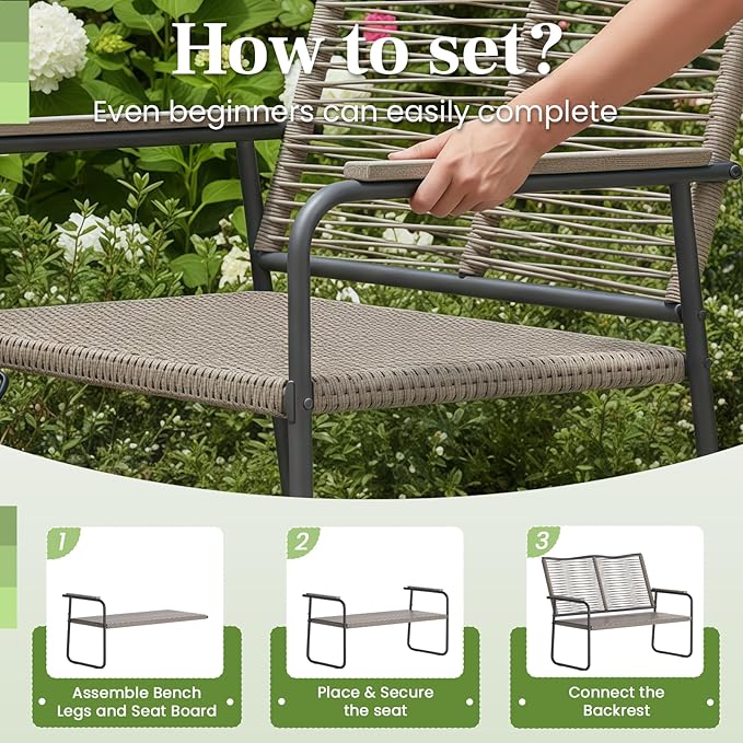 AECOJOY Outdoor Garden Bench, Weatherproof Wicker Outside Benches Clearance, Black Patio Loveseat with Backrest Armrests for Lawn Yard Porch Work Entryway (Brown Vine Back)