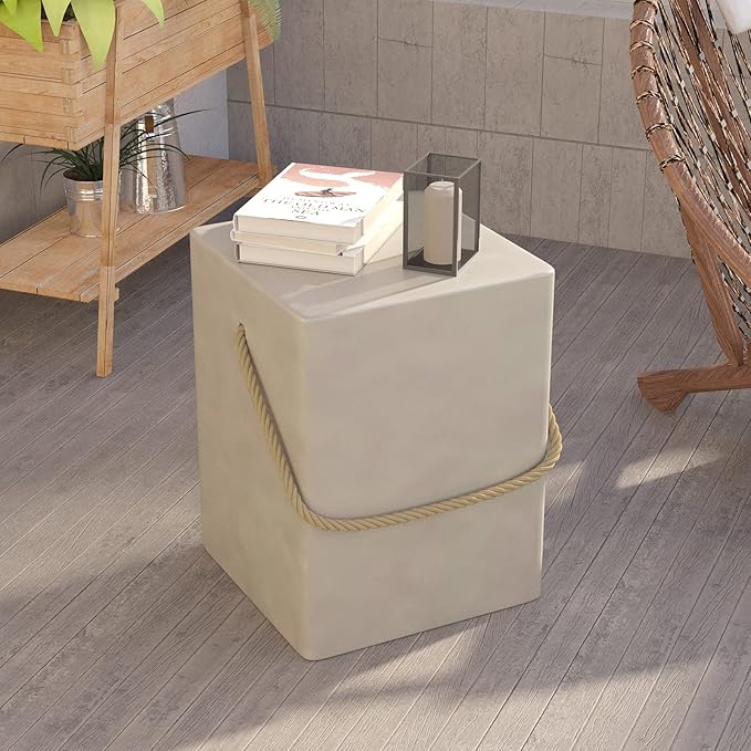 HOMPUS Outdoor Side Table w Hemp Rope Handle, Patio MgO Concrete Natural End Table, Square Accent Small Coffee Table for Garden, Patio, Porch and Deck, Light Grey