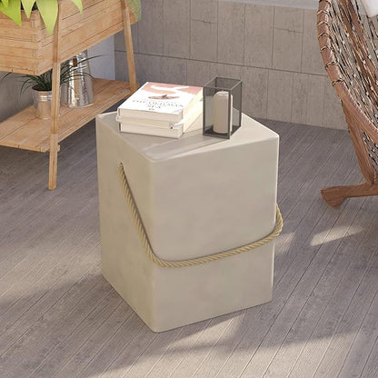 HOMPUS Outdoor Side Table w Hemp Rope Handle, Patio MgO Concrete Natural End Table, Square Accent Small Coffee Table for Garden, Patio, Porch and Deck, Light Grey