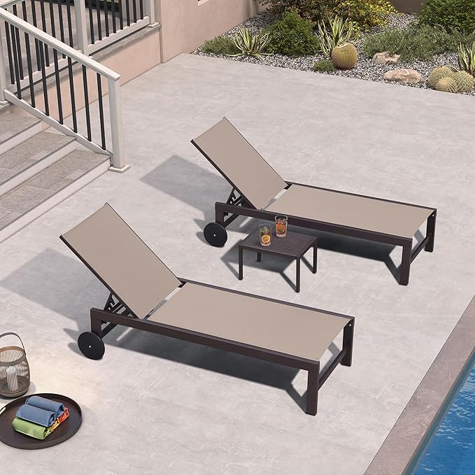 PURPLE LEAF Outdoor Chaise Lounge Chair Set of 2, Pool Lounge Chairs for Outside, Aluminum Patio Chaise Loungers with Adjustable Backrest and Wheels for Deck, Lawn, Garden, Taupe