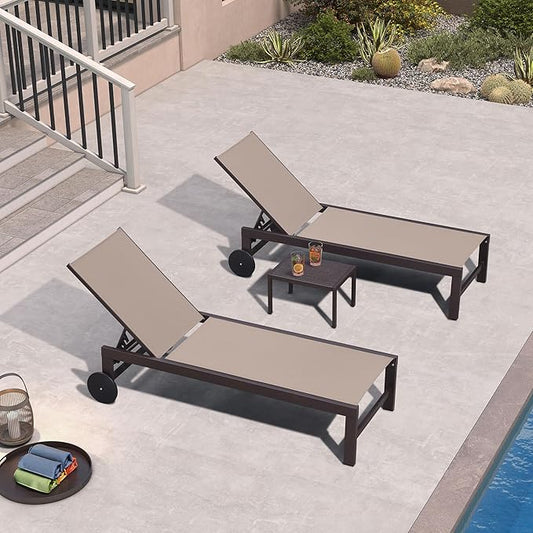 PURPLE LEAF Outdoor Chaise Lounge Chair Set of 2, Pool Lounge Chairs for Outside, Aluminum Patio Chaise Loungers with Adjustable Backrest and Wheels for Deck, Lawn, Garden, Taupe