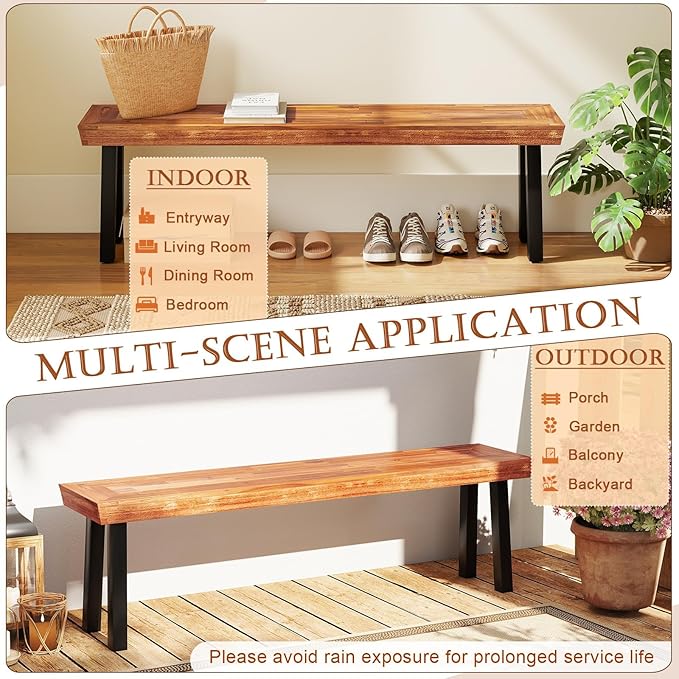 HAPPYGRILL Outdoor Acacia Wood Bench, 2-3 People Garden Benches with Slatted Top & Flared Metal Legs, Patio Dining Benches for Porch, Park & Backyard