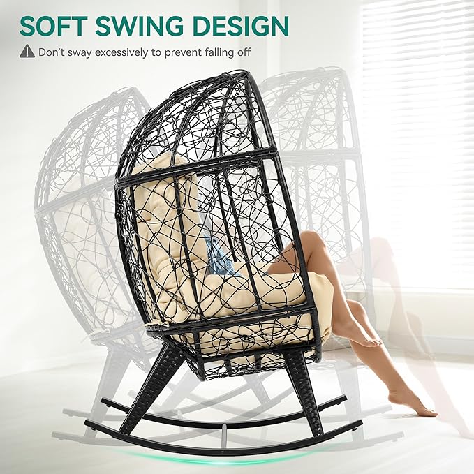 YITAHOME Outdoor Rocking Egg Chair with Cushioned Comfort, Wicker Patio Rocker 250lb Capacity, Anti-Slip, All-Weather Resilient Rattan Design for Indoor & Outdoor Relaxation Spaces, Beige