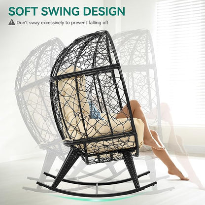 YITAHOME Outdoor Rocking Egg Chair with Cushioned Comfort, Wicker Patio Rocker 250lb Capacity, Anti-Slip, All-Weather Resilient Rattan Design for Indoor & Outdoor Relaxation Spaces, Beige