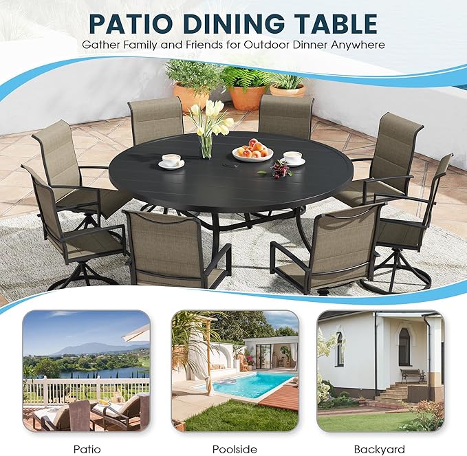 Patio Dining Table for 8-10, Round Metal Outdoor Table with 1.57" Umbrella Hole, 63" Outdoor Slat Tabletop Dining Table for Backyard, Porch, Lawn, Black