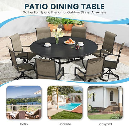 Patio Dining Table for 8-10, Round Metal Outdoor Table with 1.57" Umbrella Hole, 60" Outdoor Slat Tabletop Dining Table for Backyard, Porch, Lawn, Black
