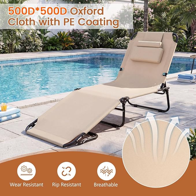 Tangkula Beach Lounge Chair, Folding Sunbathing Recliner with Face Hole, Face Down Tanning Chair with 4-Level Adjustable Backrest & 3 Removable Pillows, Chaise Lounge Chair for Patio (2, Beige)