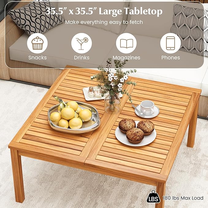 RELAX4LIFE Wood Outdoor Coffee Table - 35.5’’ Square Patio Tables w/Slatted Tabletop & Solid Legs - Photo 5