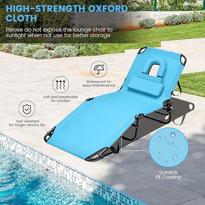 GYMAX Tanning Chair, 330lbs Beach Lounge Chair with Face Hole, Detachable Washable Pillow & Carry Strap, Adjustable Folding Chaise Lounge, Layout Chair for Outside, Patio, Poolside, Lawn (1, Arctic)