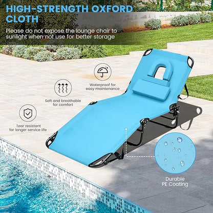 GYMAX Tanning Chair, 330lbs Beach Lounge Chair with Face Hole, Detachable Washable Pillow & Carry Strap, Adjustable Folding Chaise Lounge, Layout Chair for Outside, Patio, Poolside, Lawn (1, Arctic)