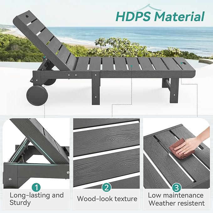 Outdoor Chaise Lounge Chairs Set of 2, 2-Piece, 26.8” Super Wide Lounge Chair Outdoor, HDPS Pool Chairs with 5 Positions, Patio Lounge Chair with Wheels for Pool,Lawn,Backyard, Dark Gray