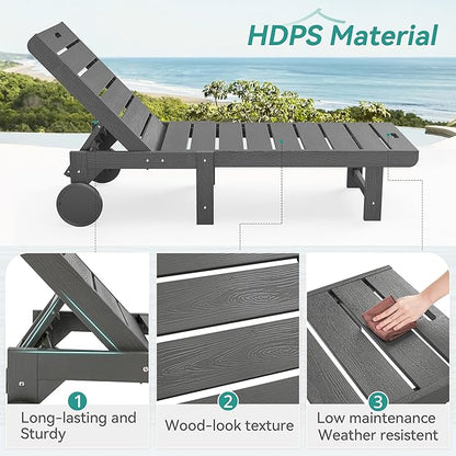 Outdoor Chaise Lounge Chairs with Table, 3-Piece, 26.8” Super Wide Lounge Chair Outdoor, HDPS Pool Chairs with 5 Positions, Patio Lounge Chair with Wheels for Pool,Lawn,Backyard, Dark Gray